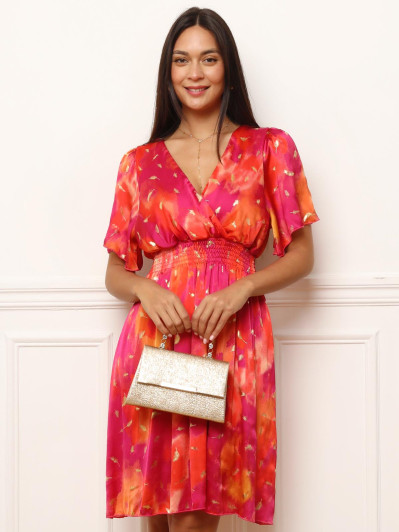 Robe patineuse fuchsia à détails plumes dorées