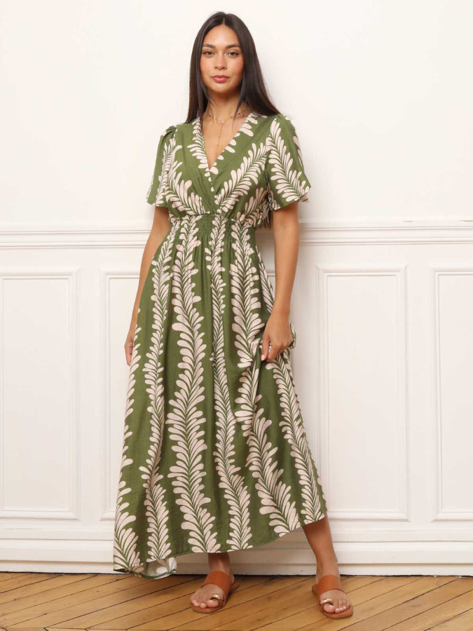 Robe avec motifs graphiques style feuilles verte