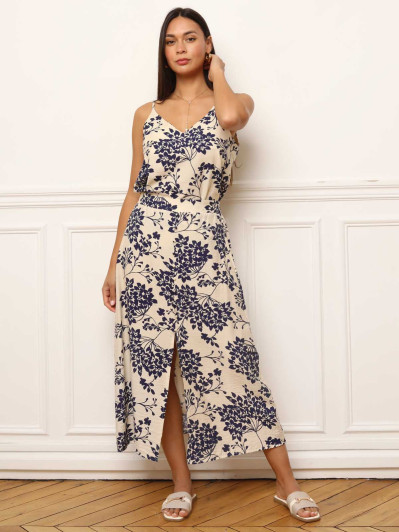 Jupe fendue et boutonnée à fleurs bleu marine