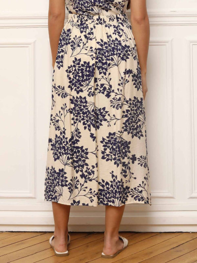 Jupe fendue et boutonnée à fleurs bleu marine