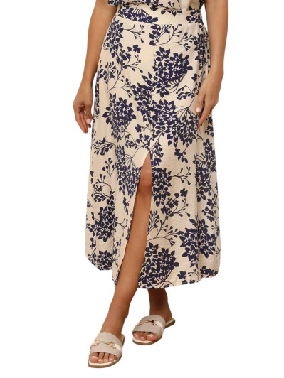 Jupe fendue et boutonnée à fleurs bleu marine