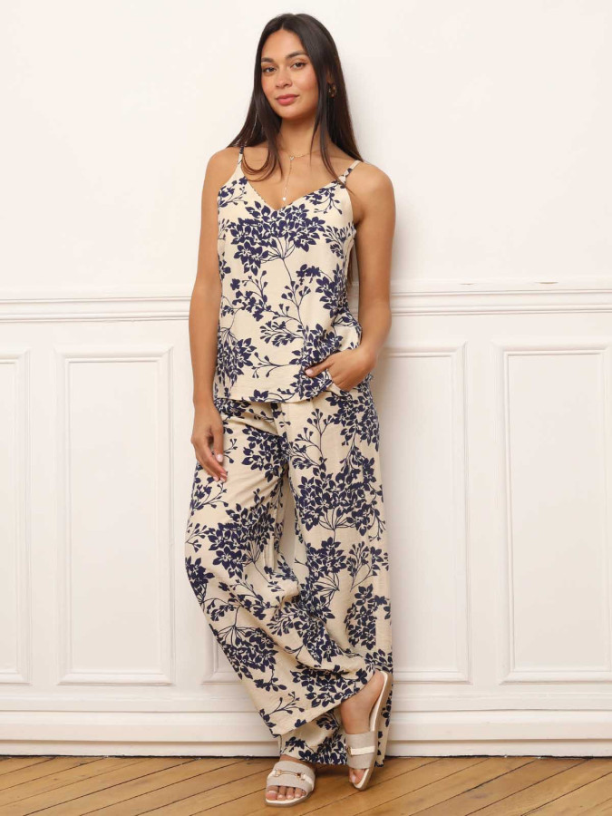 Pantalon fluide à motifs fleurs bleu marine