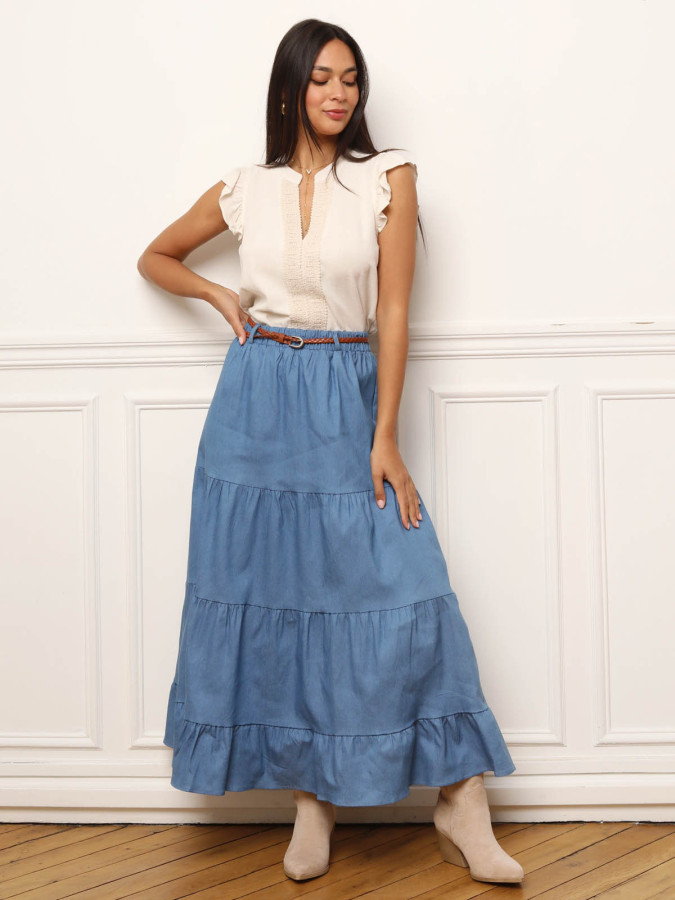 Jupe en coton style denim et à grands volants