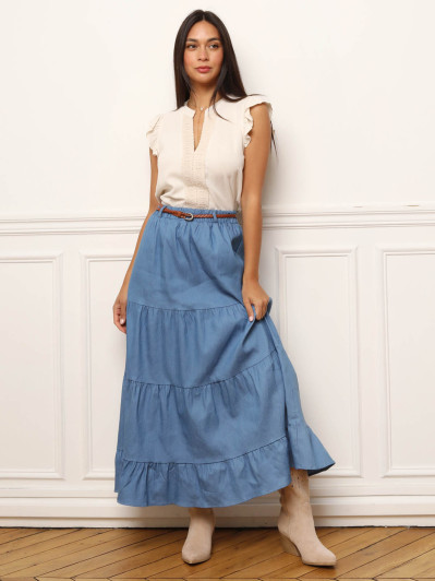 Jupe en coton style denim et à grands volants