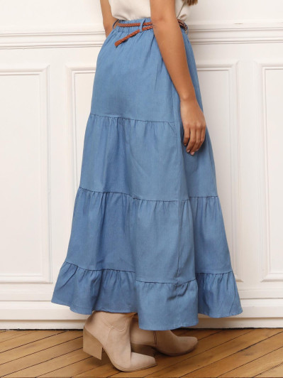 Jupe en coton style denim et à grands volants