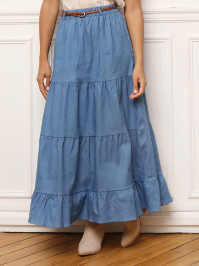 Jupe en coton style denim et à grands volants
