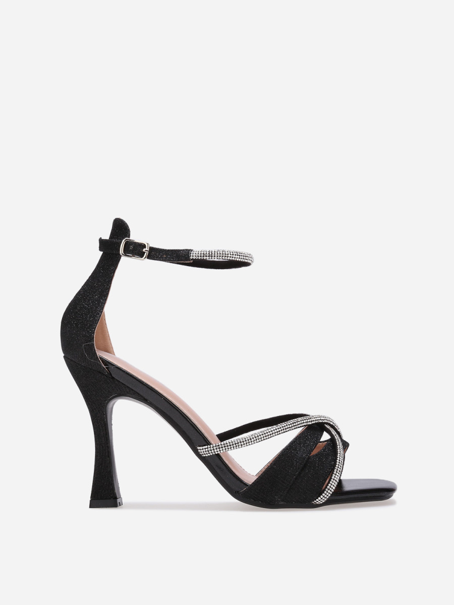 Sandales pailletées noires avec brides à strass
