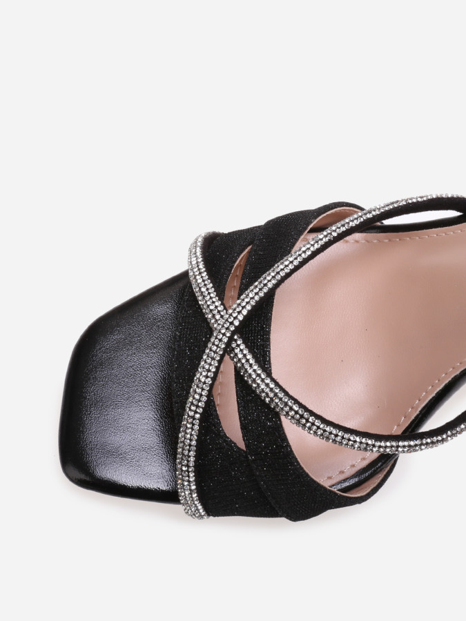 Sandales pailletées noires avec brides à strass