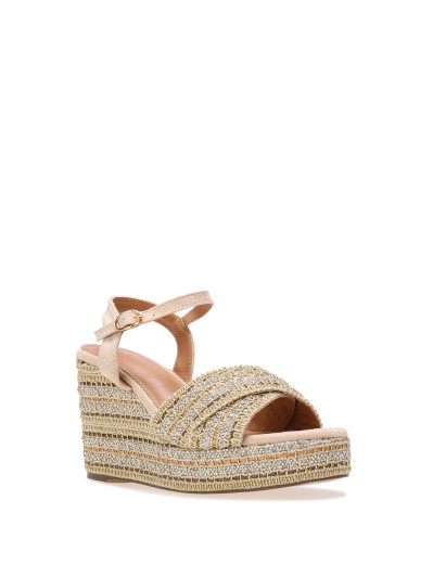 Sandales compensées à strass et brides croisées beiges