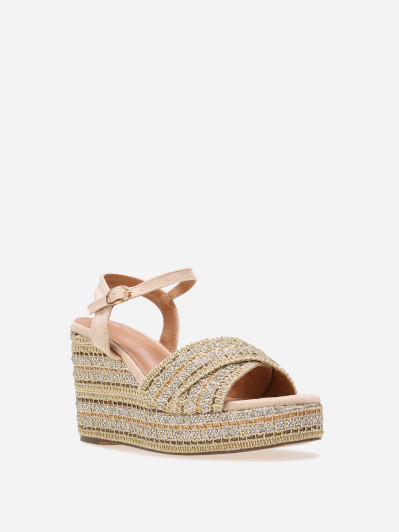 Sandales compensées à strass et brides croisées beiges