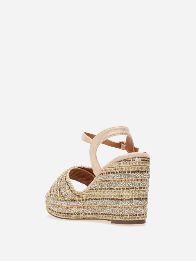 Sandales compensées à strass et brides croisées beiges