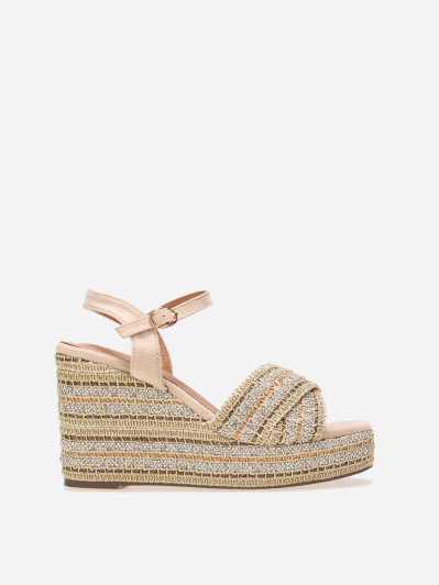 Sandales compensées à strass et brides croisées beiges