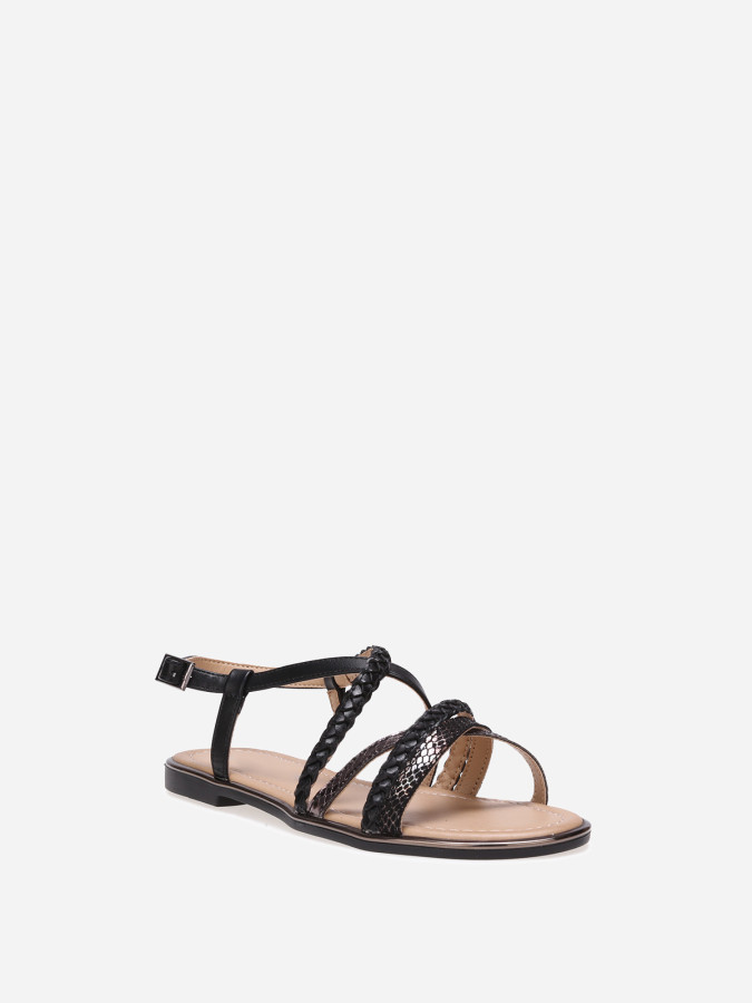 Sandales noires à brides tressées et motif animal