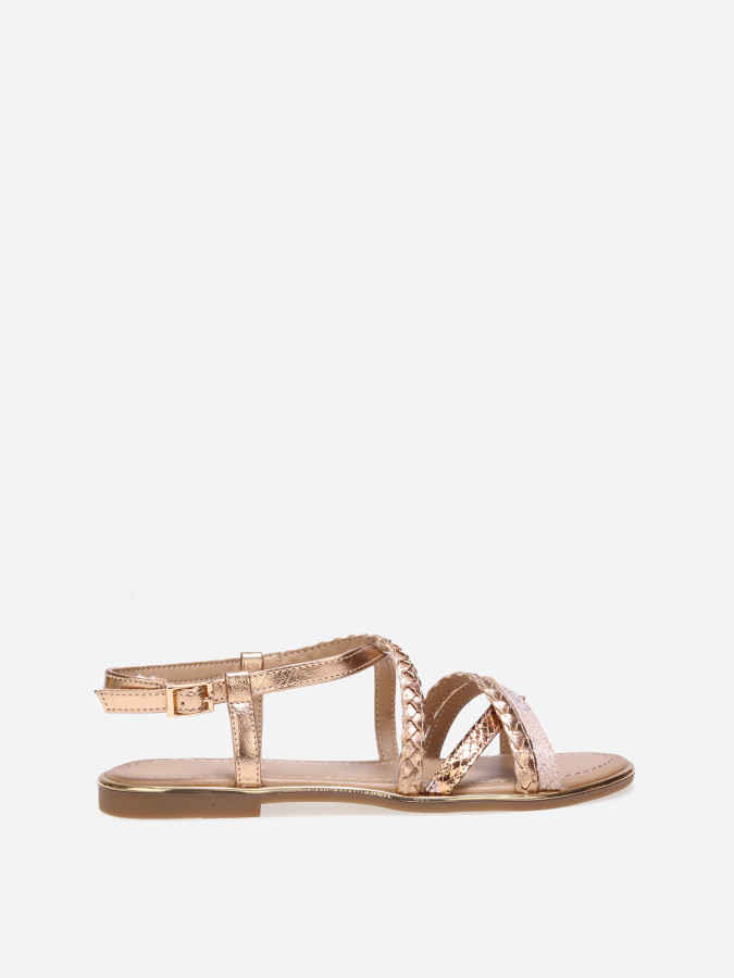 Sandales dorées rose à brides tressées et motif animal