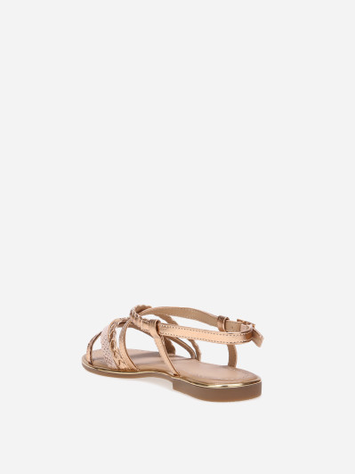 Sandales dorées rose à brides tressées et motif animal
