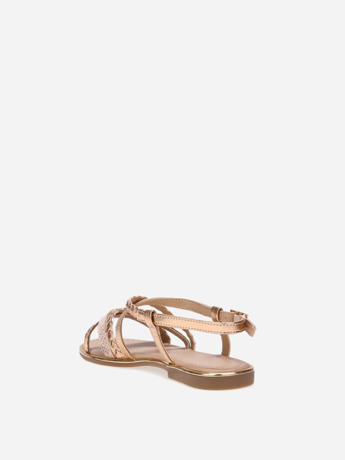 Sandales dorées rose à brides tressées et motif animal