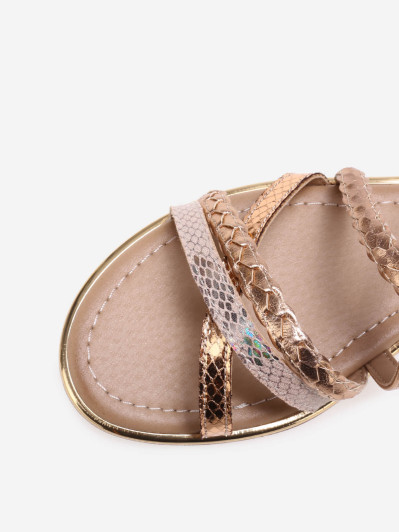 Sandales dorées rose à brides tressées et motif animal