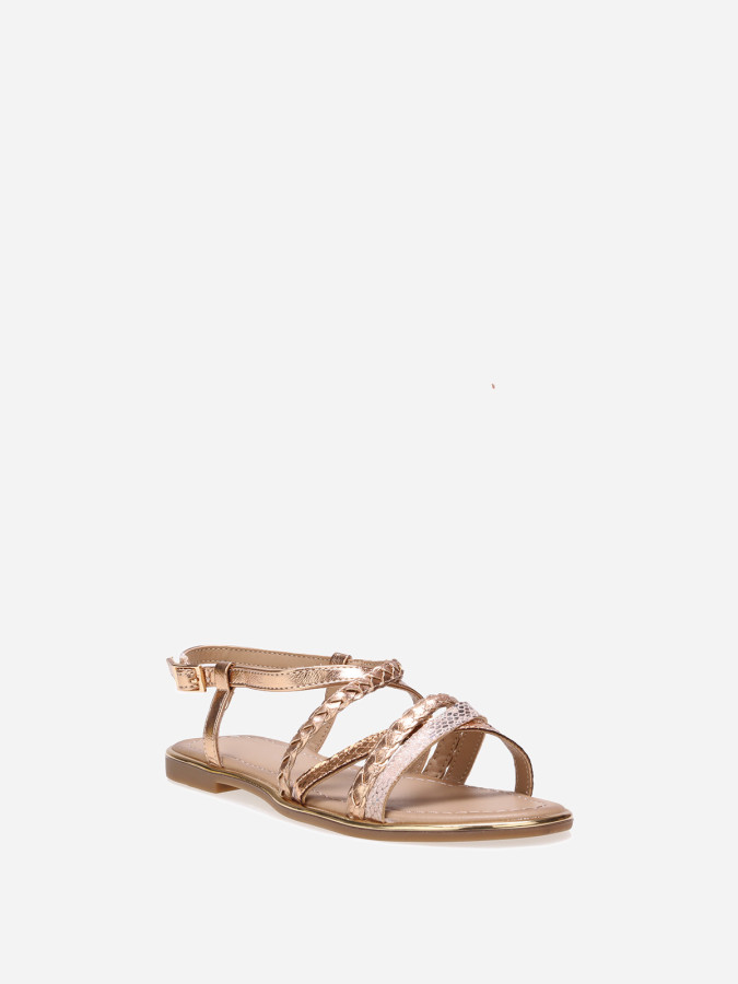 Sandales dorées rose à brides tressées et motif animal