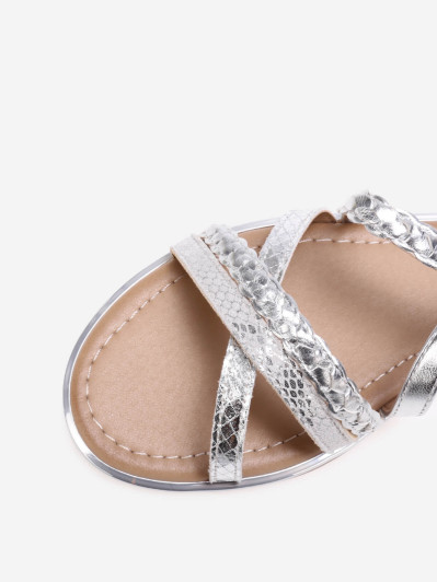 Sandales à brides tressées et motif animal argentées