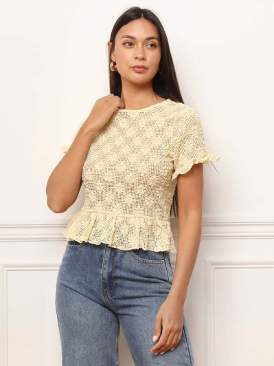 Top volanté en crochet jaune