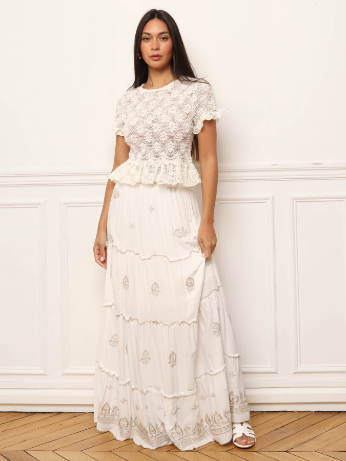 Top volanté en crochet blanc