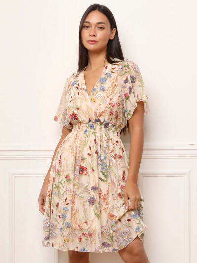 Robe beige à fleurs colorées et détails dorés