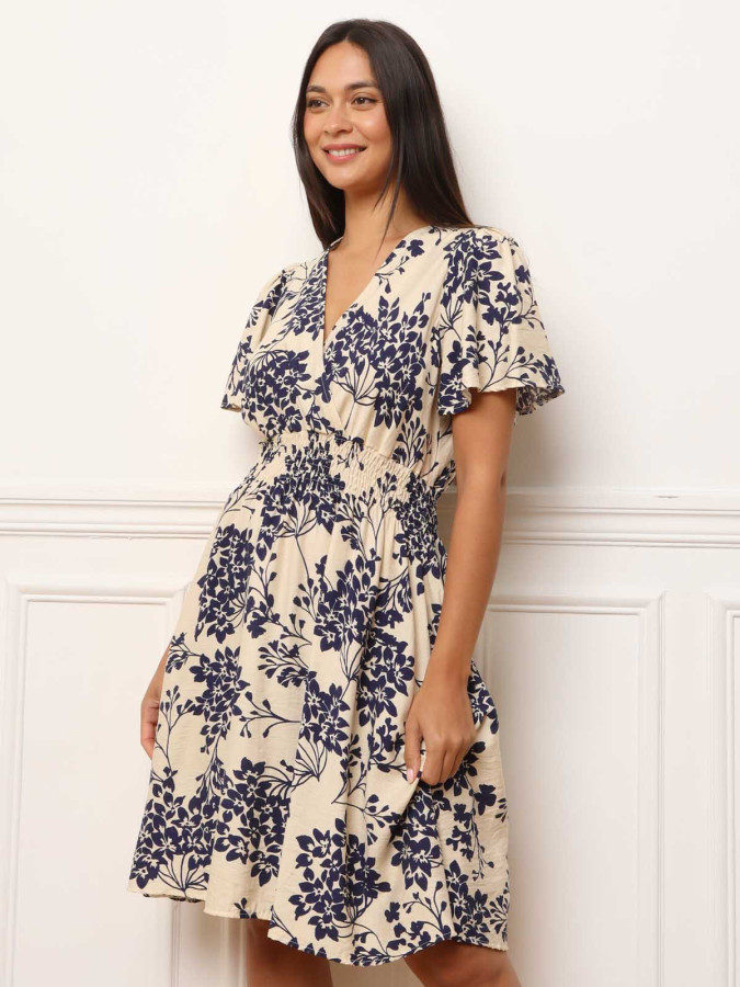 Robe évasée à motifs fleurs bleu marine