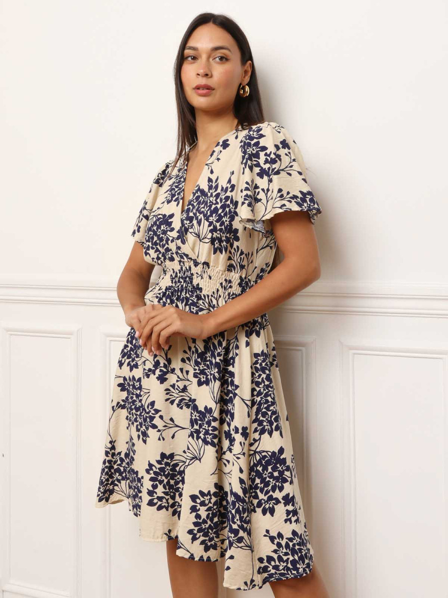 Robe évasée à motifs fleurs bleu marine