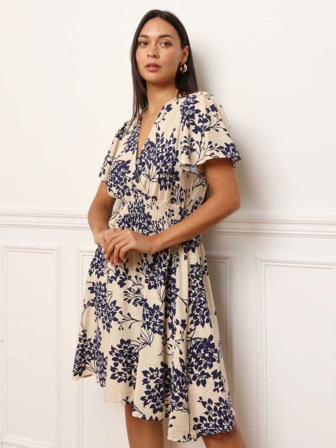 Robe évasée à motifs fleurs bleu marine