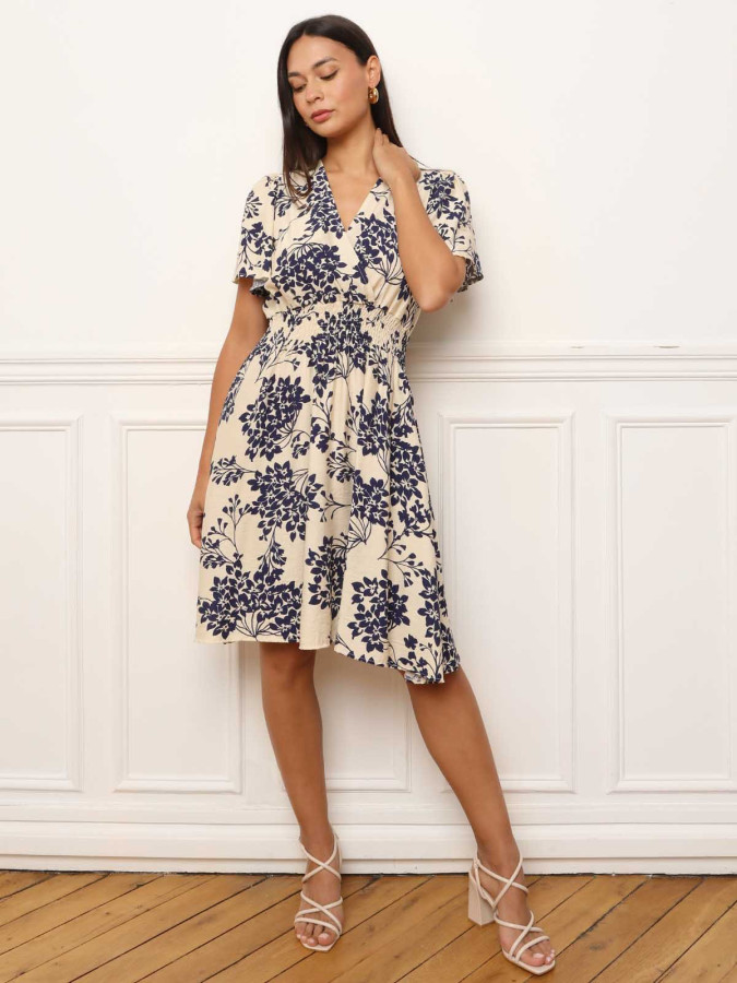 Robe évasée à motifs fleurs bleu marine
