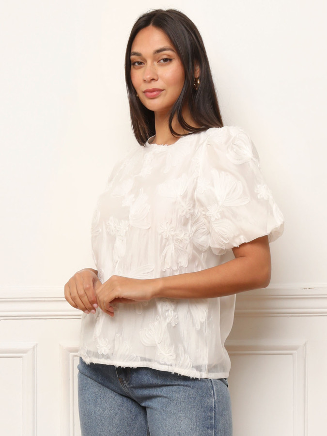 Top à manches bouffantes et motifs floraux