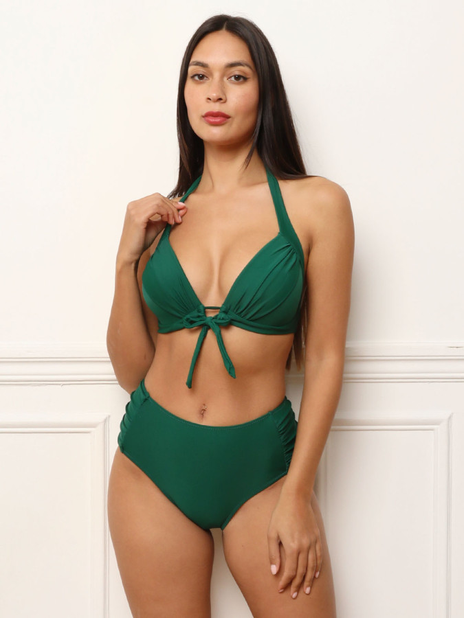 Bikini froncé vert foncé à nœud