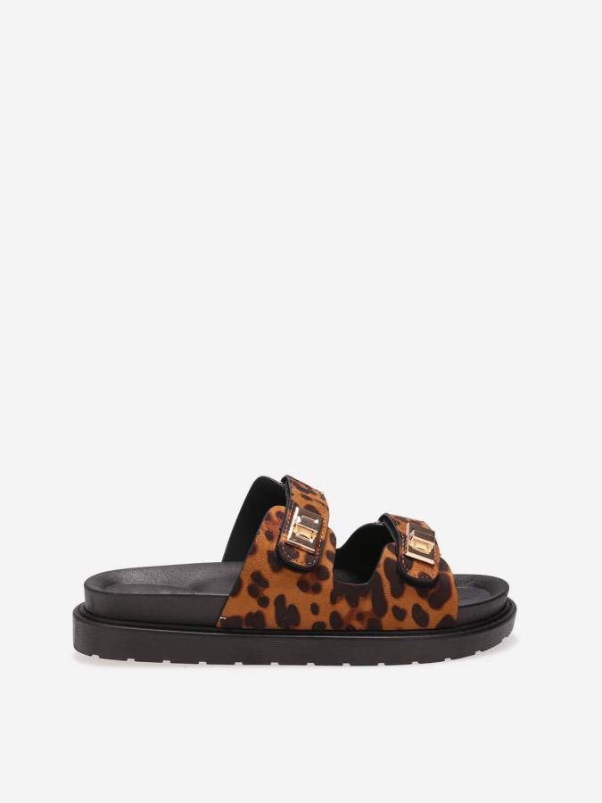 Mules léopard en simili avec brides à scratch