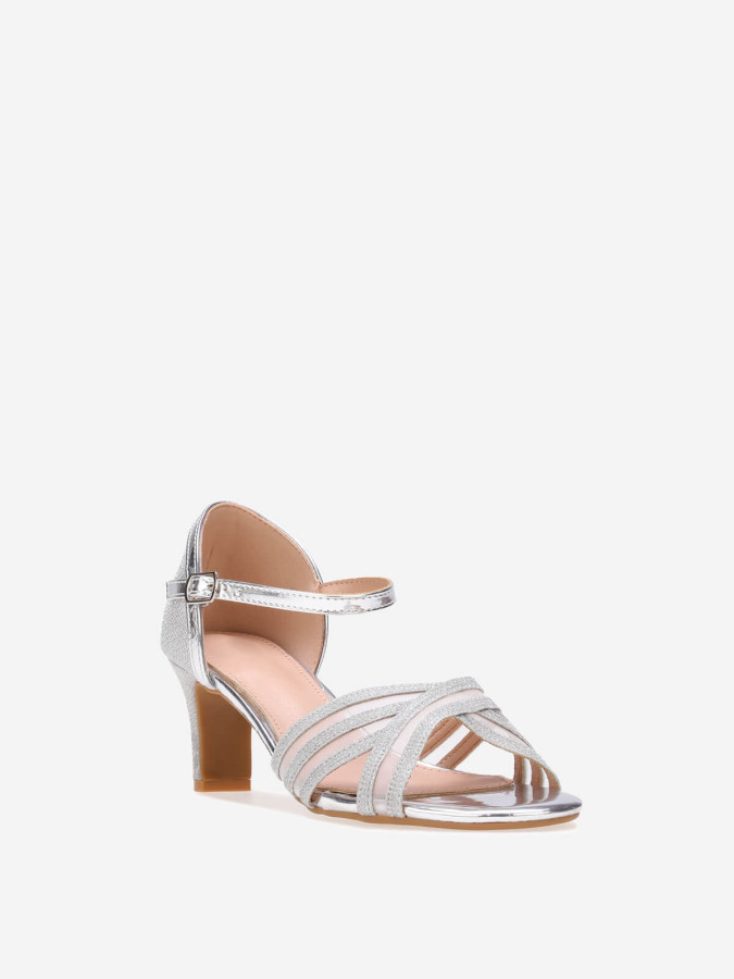 Sandales pailletées argentées  à petit talon