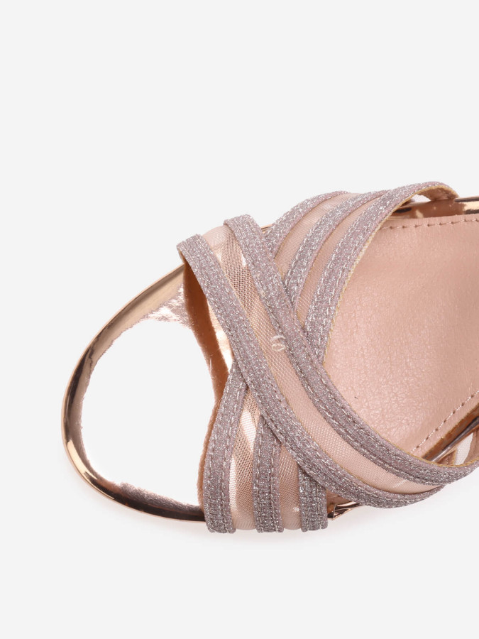 Sandales pailletées dorées rose à petit talon