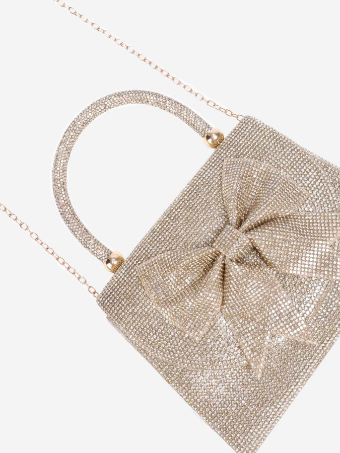 Sac bi-matière doré à strass et nœud