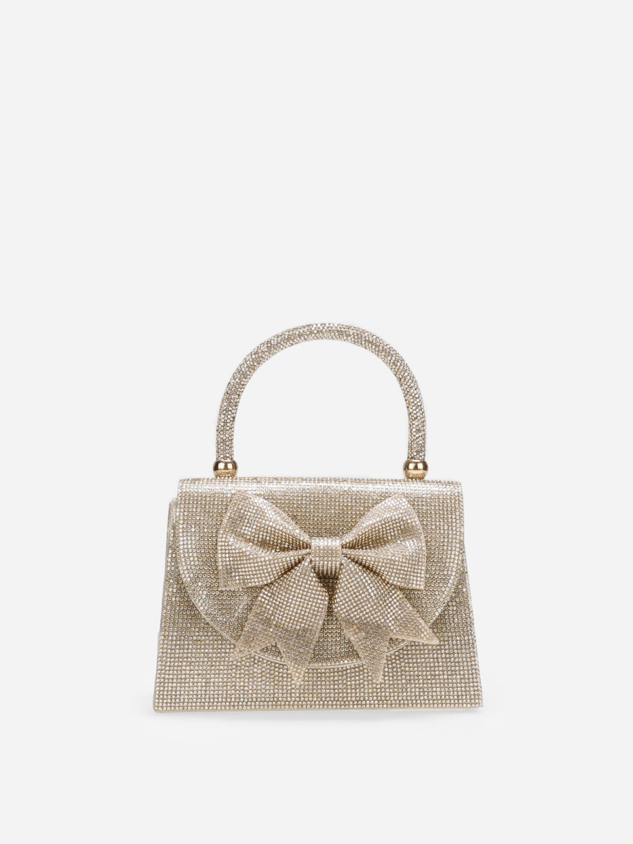 Sac bi-matière doré à strass et nœud