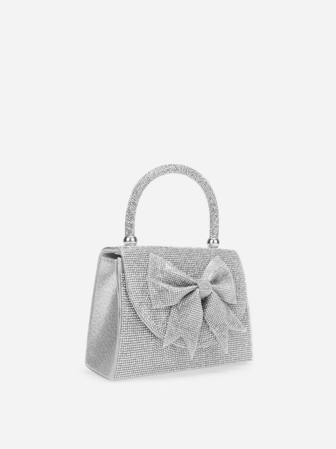 Sac bi-matière argenté à strass et nœud
