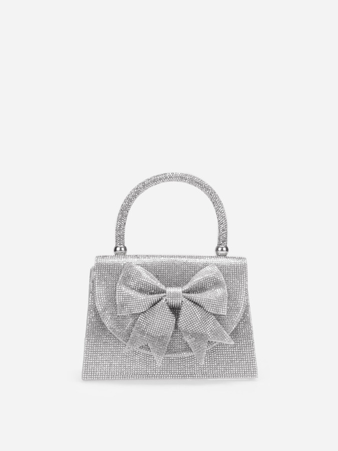 Sac bi-matière argenté à strass et nœud