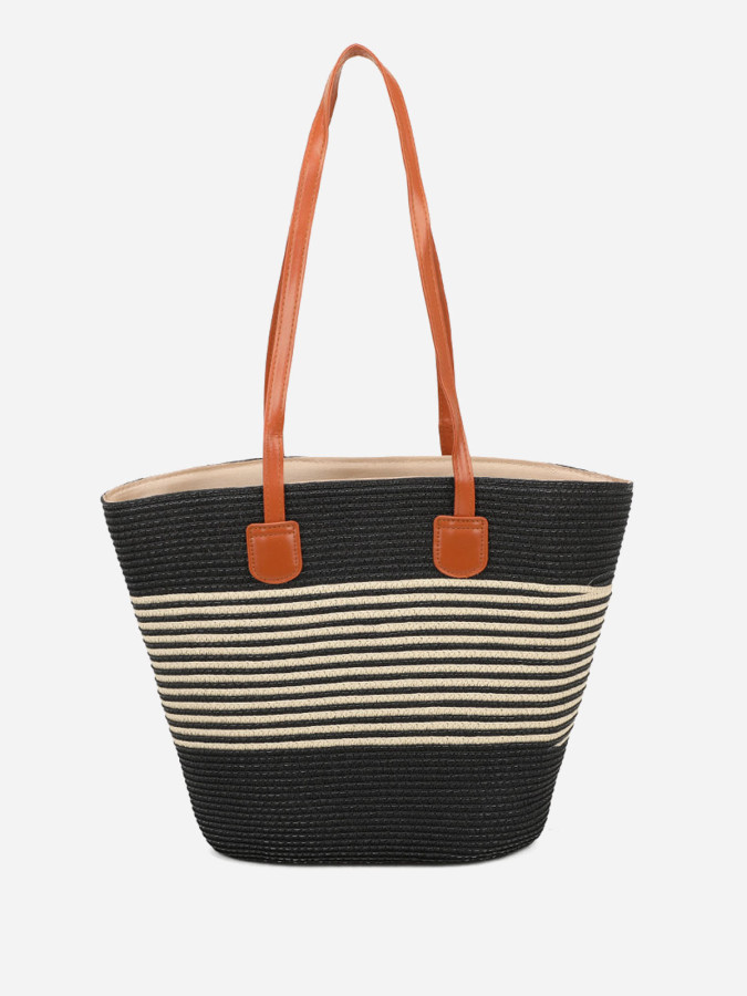 Sac cabas effet paille à rayures noir