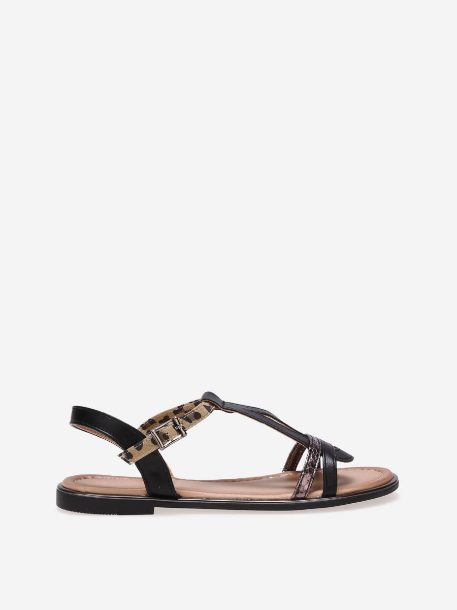 Sandales plates noires avec bride à motif animal