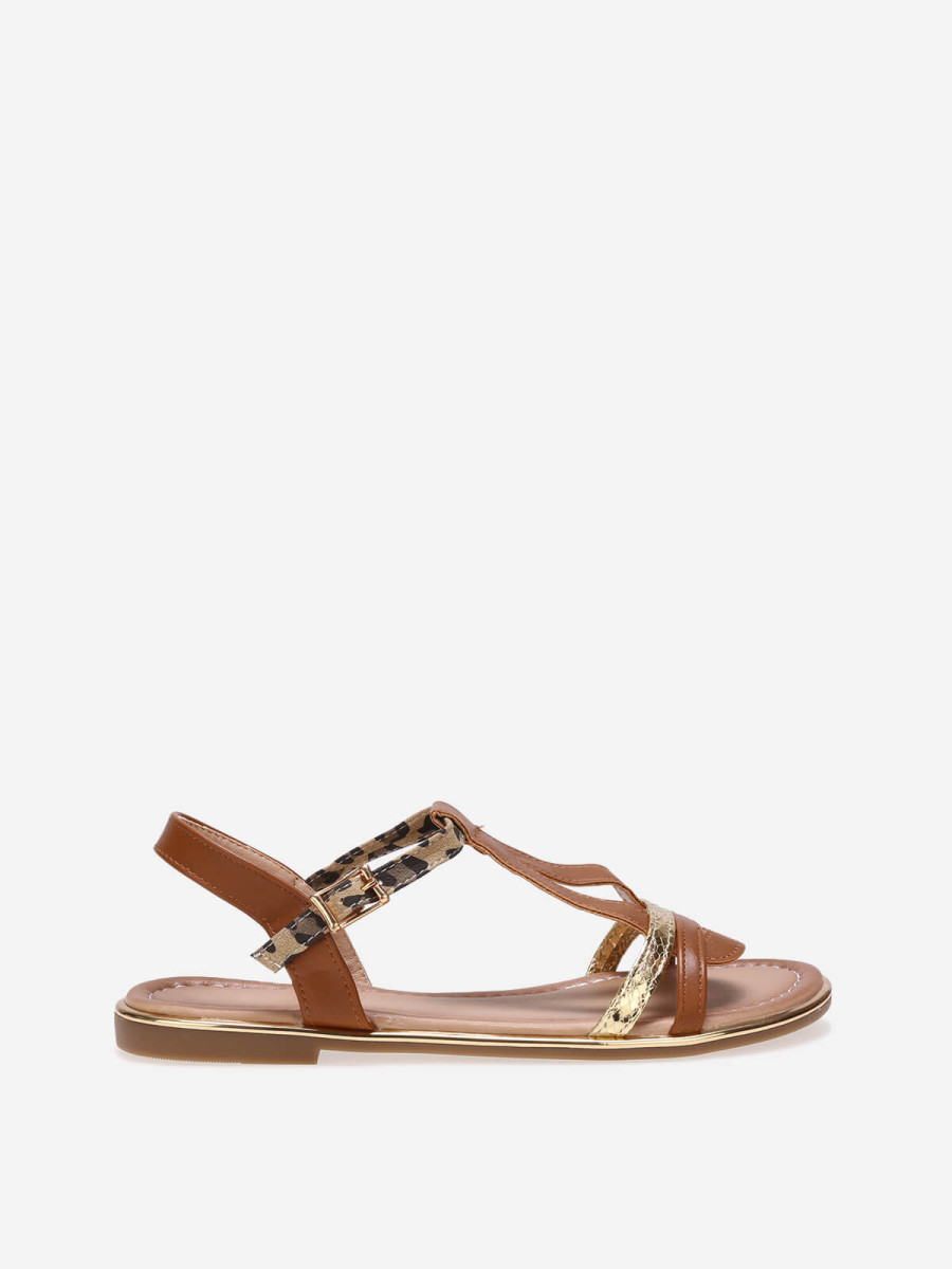 Sandales plates camel avec bride à motif animal