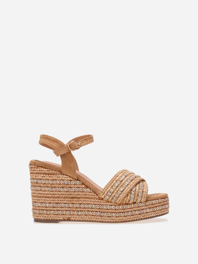 Sandales compensées à strass et brides croisées marrons