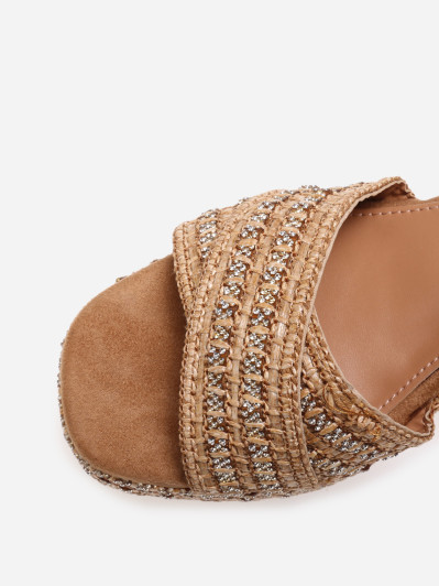 Sandales compensées à strass et brides croisées marrons