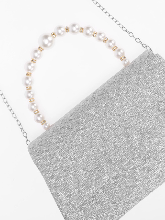 Sac à main pailleté argenté avec anse à perles