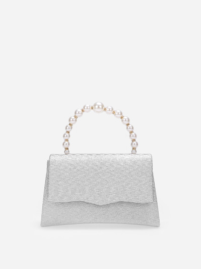 Sac à main pailleté argenté avec anse à perles