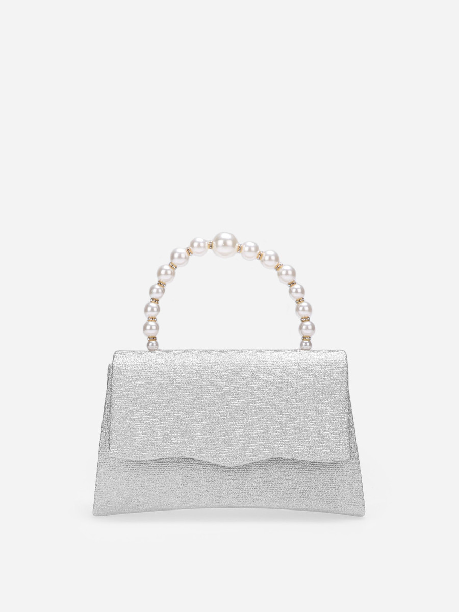 Sac à main pailleté argenté avec anse à perles