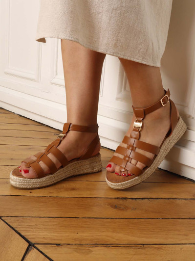 Sandales compensées à plateforme tressée camel