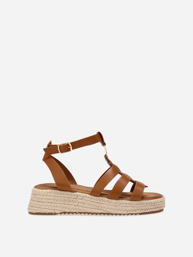 Sandales compensées à plateforme tressée camel