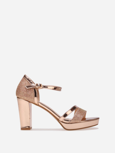 Sandales dorées rose bi-matières métallisées et pailletées